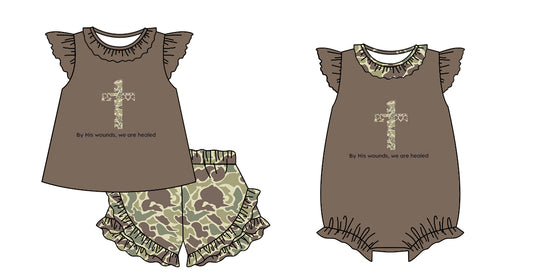 Sibling Baby Sister Easter Camo Cross Shorts Set and Romper