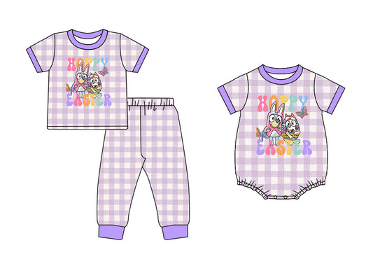 Sibling Baby Girls  Sister Happy Easter Cartoon Dog Purple Gingham Pajama and Romper