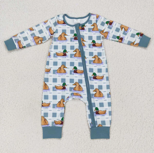 USA Shop Baby Boys Blue Long Sleeves Plaid Ducks Zipper Romper