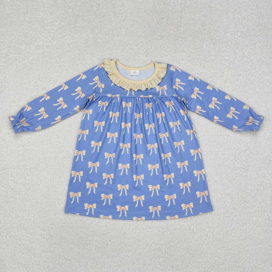 Baby Girls Bow Print Blue Color Long Sleeve Dress