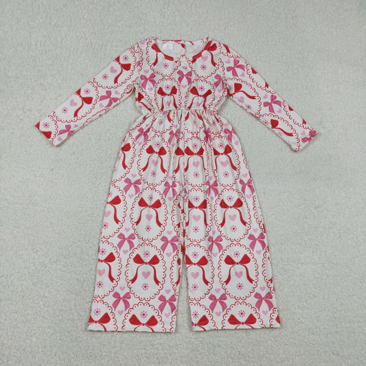 LR2713 Baby Girls Valentine's Day Red Bow Pink Heart Long Sleeve Jumpsuit
