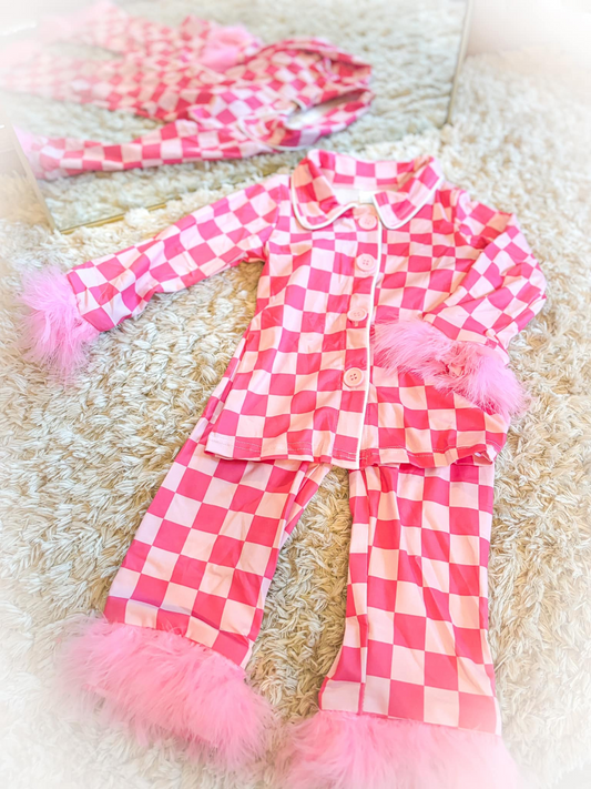 Baby Girls Pink Checker Pajama Set  With Fur