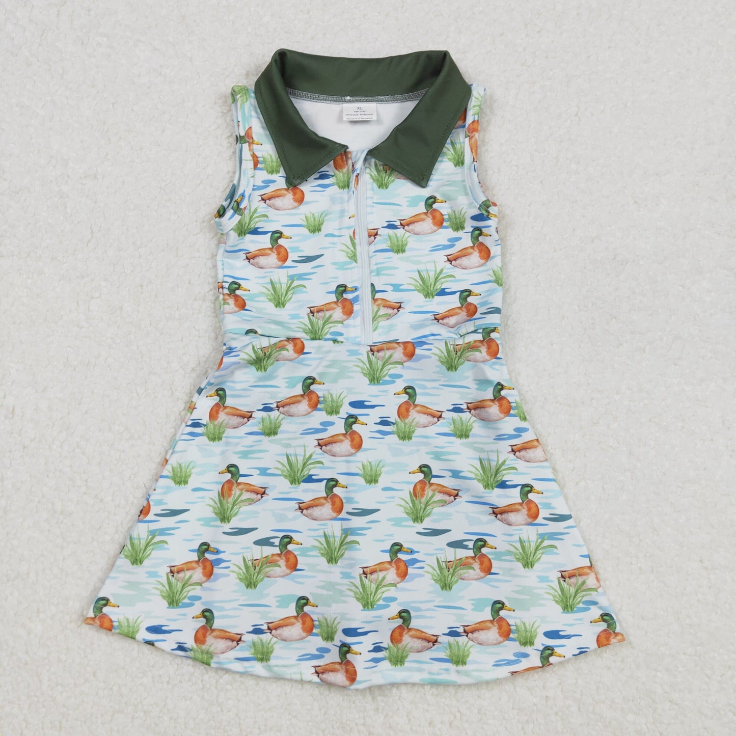 Baby Girls Dark Green Sleeveless Ducks Yoga Zipper Dresses With Shorts