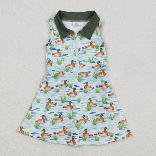 Baby Girls Dark Green Sleeveless Ducks Yoga Zipper Dresses With Shorts