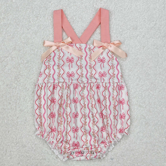 Baby Girls Peach Straps Bows Stripe Valentines Rompers