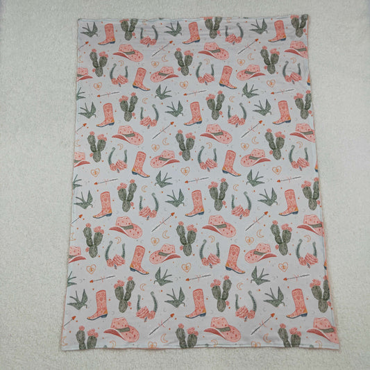 BL0177 Baby  Girls Western Pink Boots Cactus Print Blanket