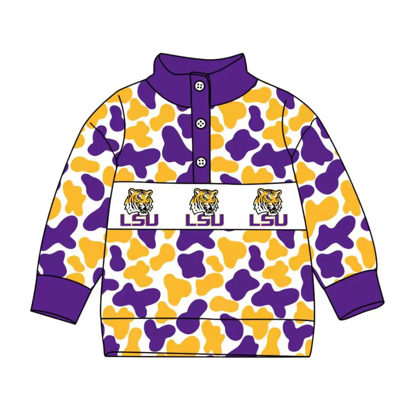 Preorder , 5 MOQ Baby Boys Sport Team  LSU Purple Camo Pullover Top