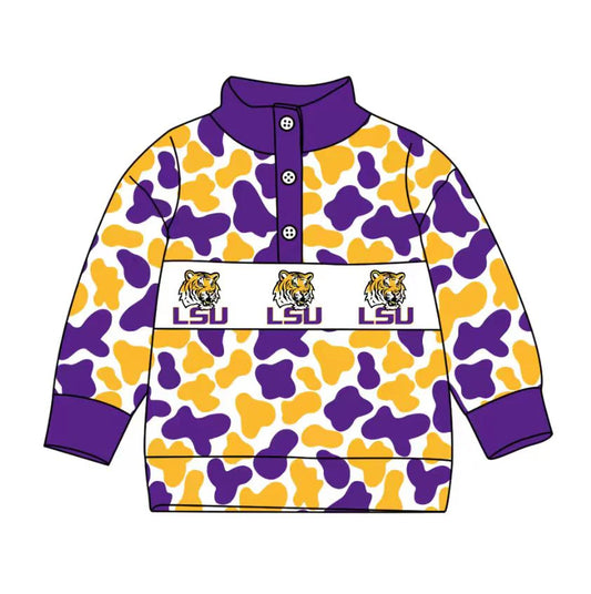Preorder , 5 MOQ Baby Boys Sport Team  LSU Purple Camo Pullover Top