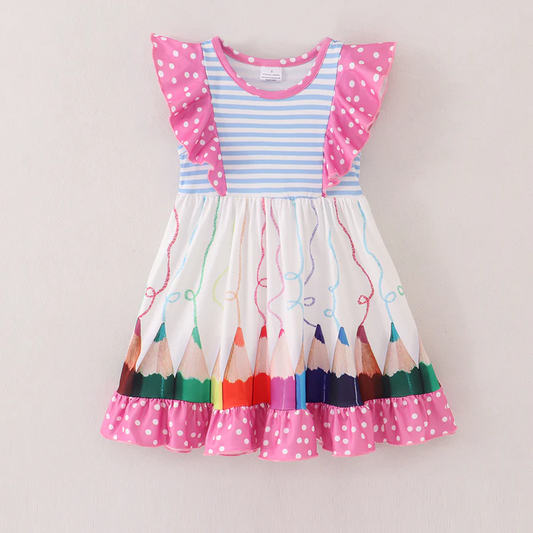 Kids Girls Back to School  crayon Dress Pre-order 3 MOQ