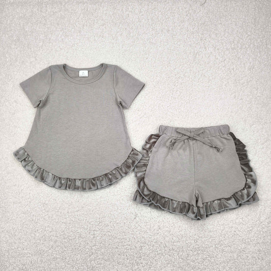 GSSO2182 Kids Girls Grey Solid Color Shorts Set
