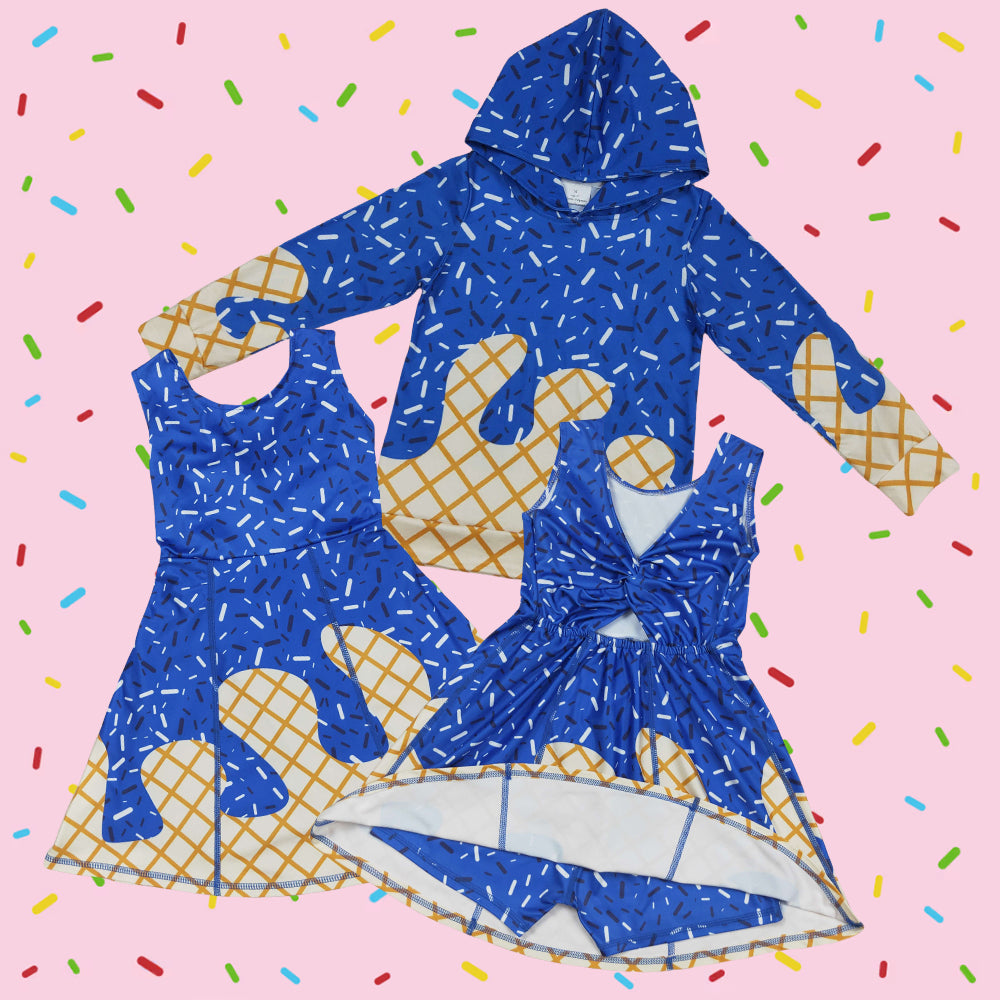 Sibling Baby Royalblue  Color Ice Cream Drip Hoodie Top and Active Dress