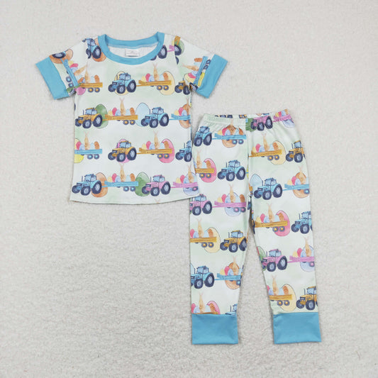 Baby Boys Blue Short Sleeves Bunny Eggs Top Pant Easter Pajamas Set