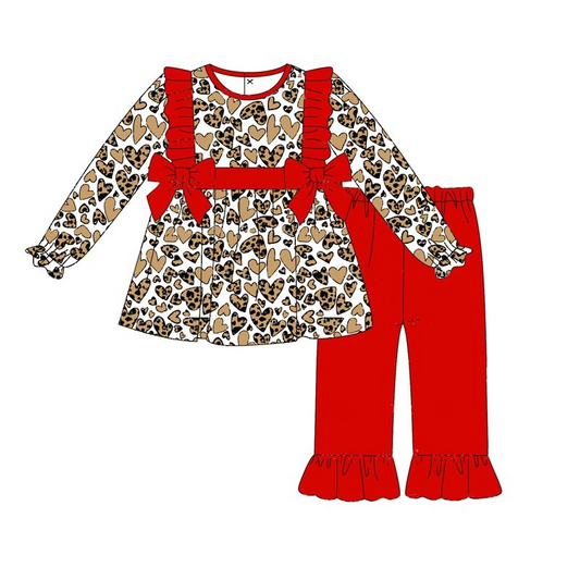 Baby Girls Leoaprd Heart Tunic Top Red Ruffle Pants Set 5 MOQ