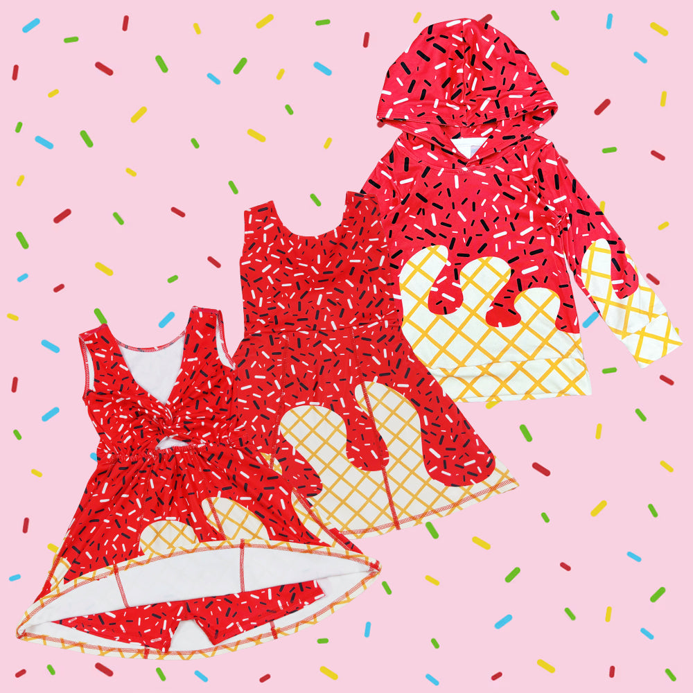 Sibling Baby Red Color Ice Cream Drip Hoodie Top and Active Dress