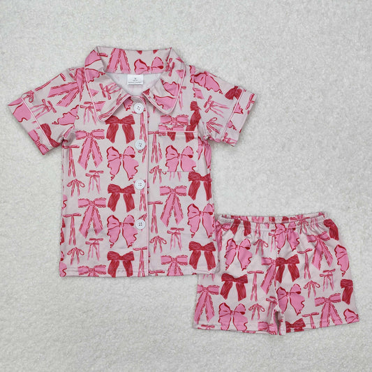 Baby Girls Pink Bows Button Down Pocket Top Short Pajamas Set