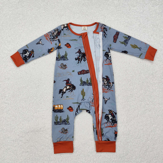 LR1858 Baby Boys Western Rodeo Long Sleeve Zip Romper