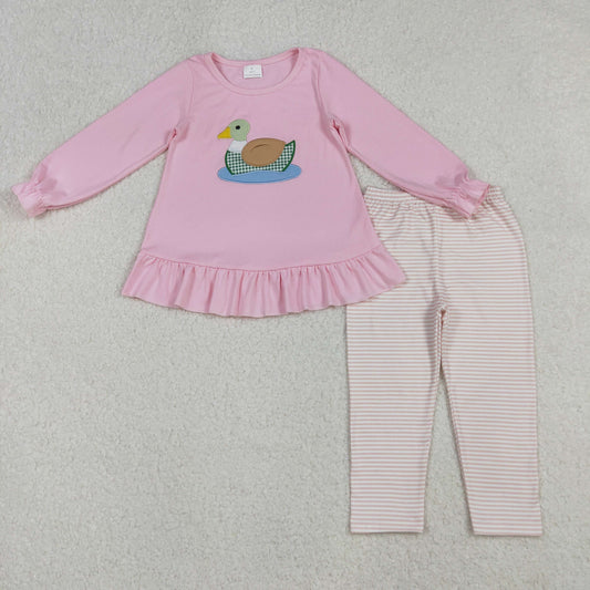 GLP2698 Baby Girls Applique Duck Long Sleeve Pink Top With Leggings Set