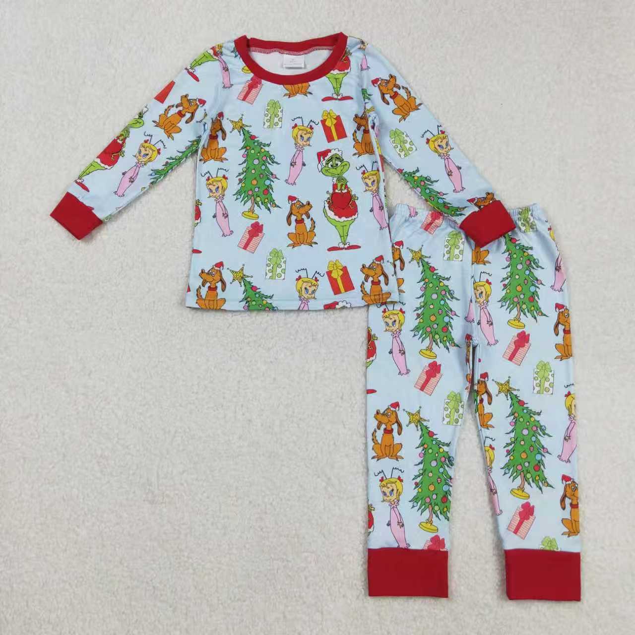 Sibling Girls Boys Christmas Green Face Long Sleeve Pajama Set and Romper