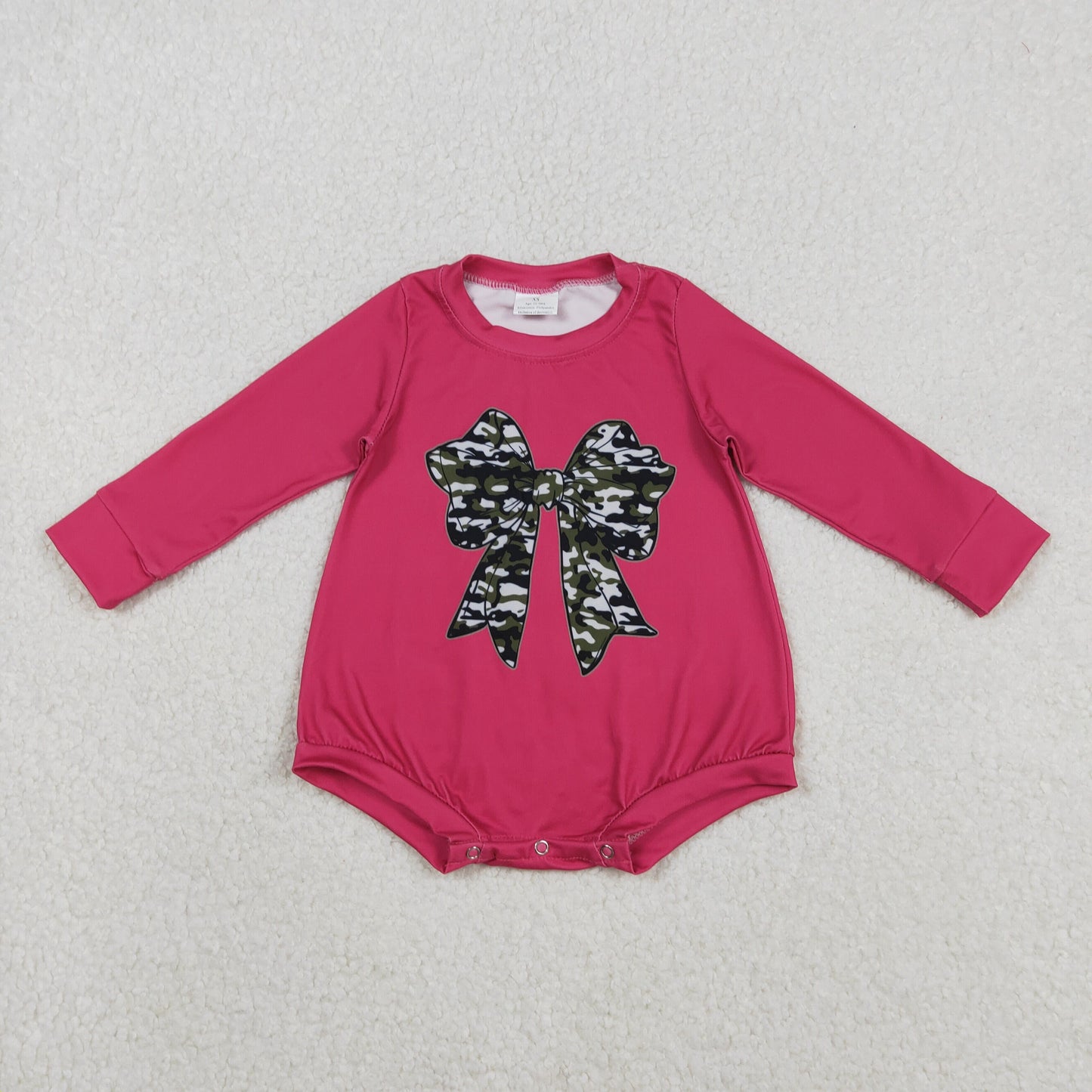 LR2776 Baby Girls   Camo Bow Hot pink Long Sleeve Bubble Romper