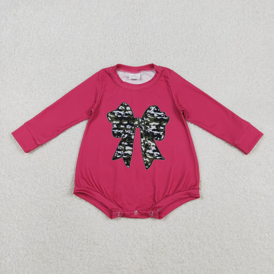 LR2776 Baby Girls   Camo Bow Hot pink Long Sleeve Bubble Romper