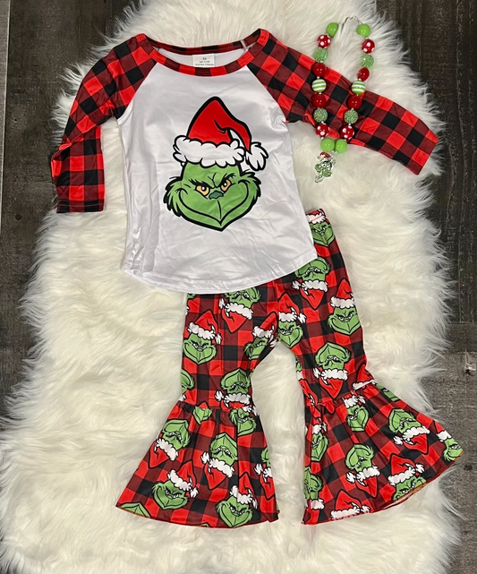 Girls Christmas Cartoon Outfit Green Face