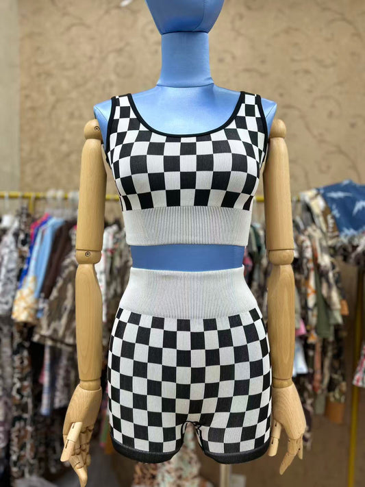 Adult Women Hot Pink Checked Active Sport Tank top With Shorts Set