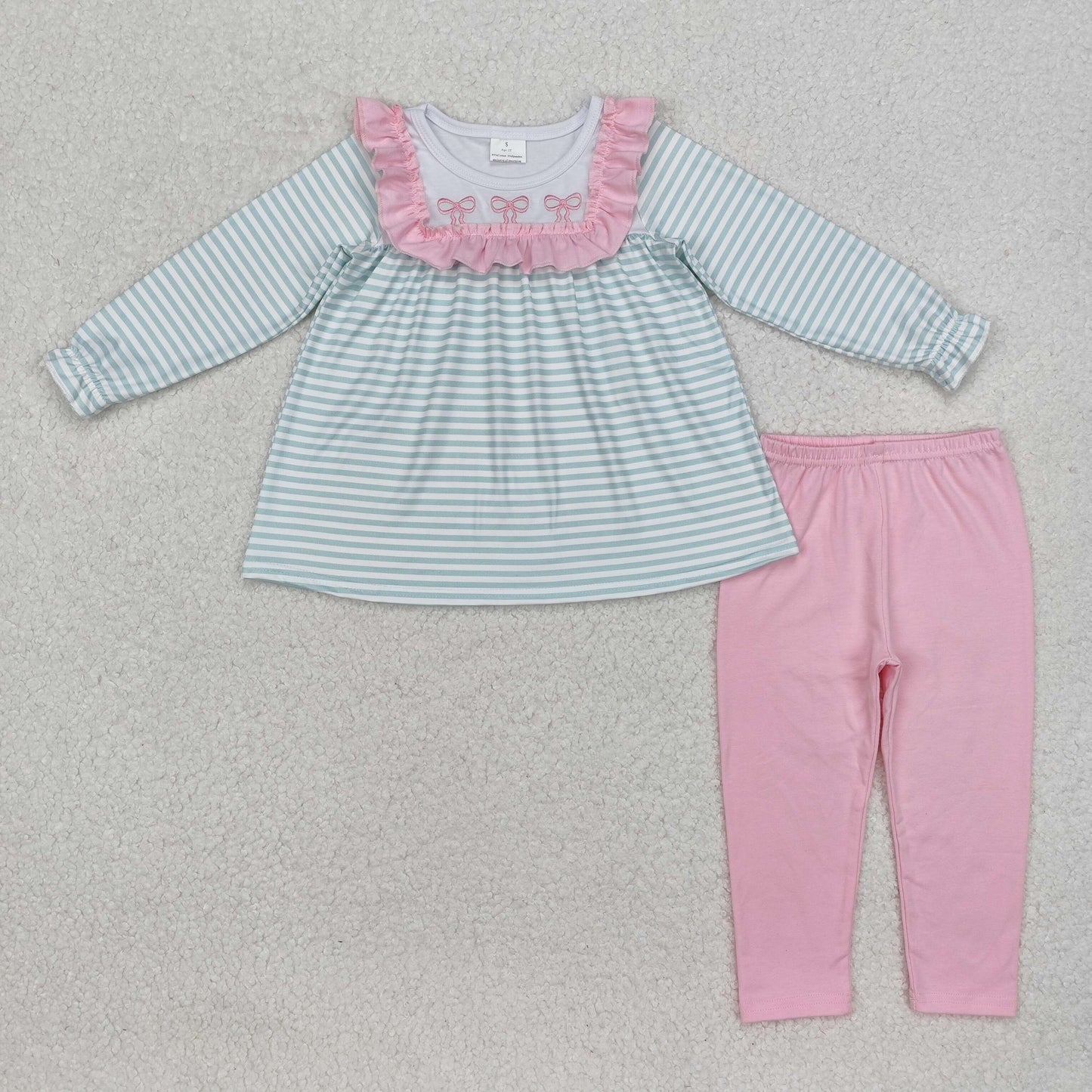 Baby Girls Embroidery Pink Bow Striped Top Pink Leggings Set