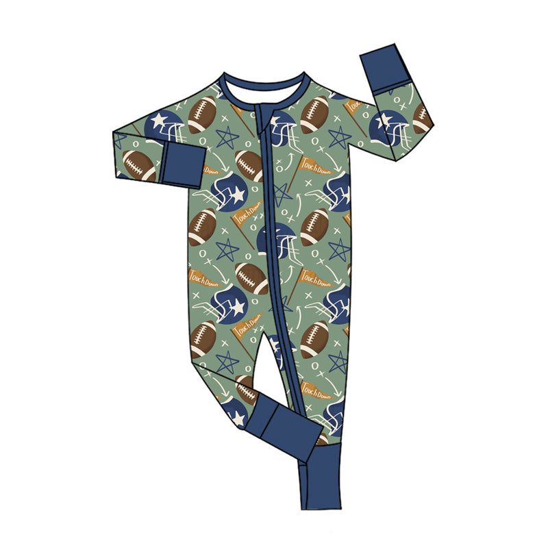 20 MOQ Preorder Baby Boys Football Long Sleeve Footed Bamboo Romper