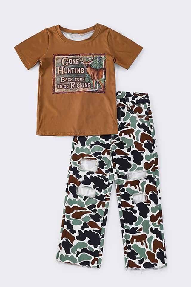 Gone Hunting Back Soon To Go Fishing Top Matching Camo Dnim Pants Outfit