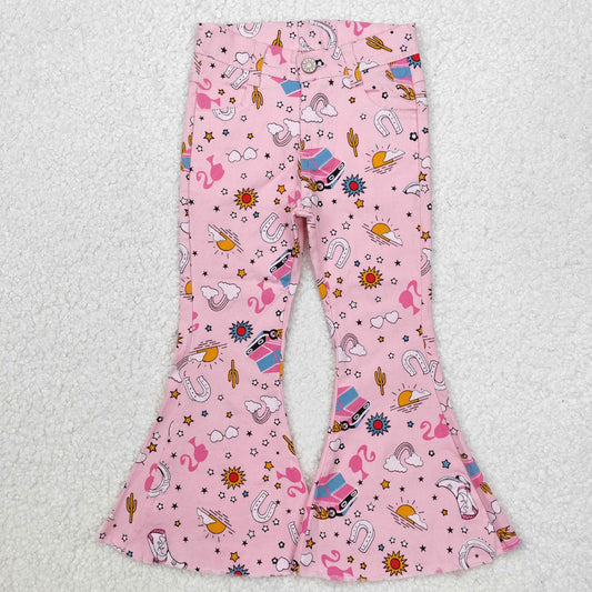 Baby Girls Pink Boots Stars Cactus Print Bell Bottom Pockets Denim Pant