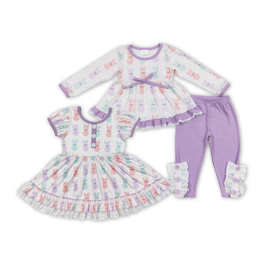 Sibling Baby Girls Bunny Print Easter Lace Dress And Set