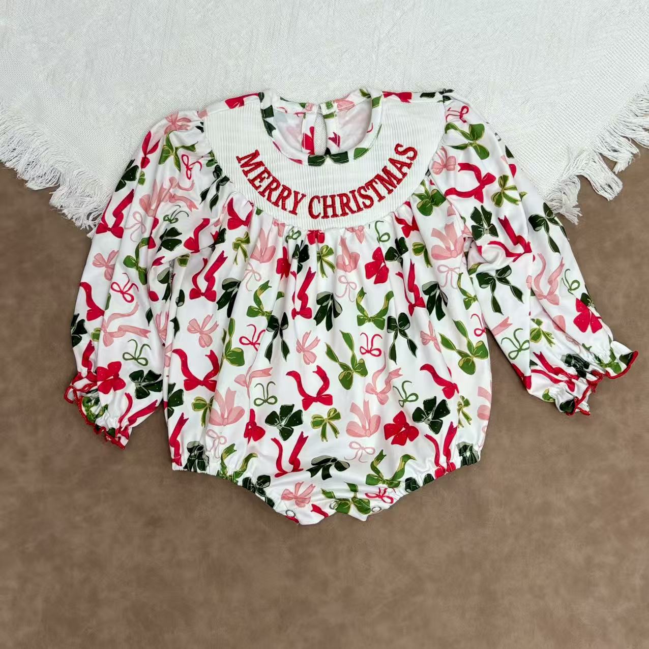 Sibling Kids Girls Merry Christmas Bow Smocked Dressd and Romper