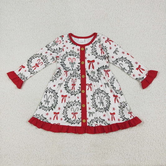 GLD1082 Kids Girls Christmas Holly Red Bow Long Sleeve Dress