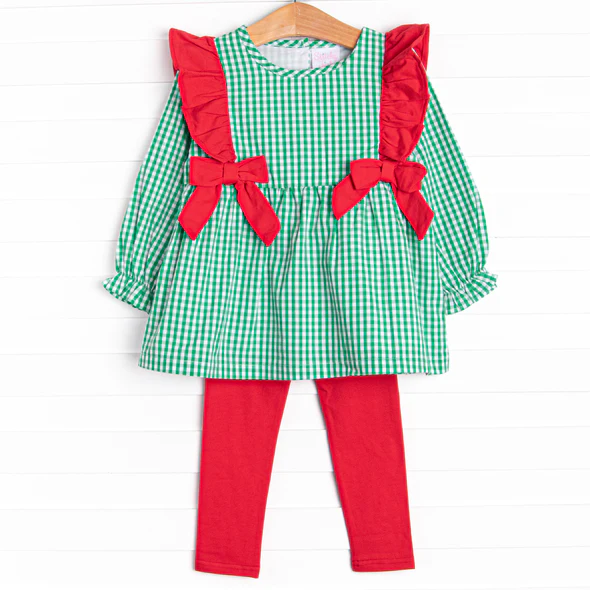 3 MOQ Baby Girls Christmas Green Gingham Tunic Top Red Pants Outfit Pre-order
