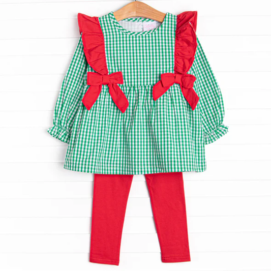 3 MOQ Baby Girls Christmas Green Gingham Tunic Top Red Pants Outfit Pre-order