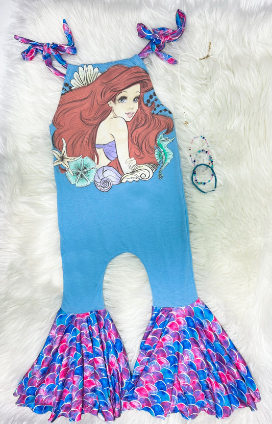 Baby Girls Blue Purple Strap Mermaid Print Bell Bottom Jumpsuit Preorder