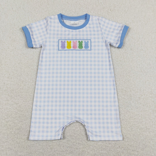 Baby Boys Blue Plaid Short Sleeves Embroidery Bunny Easter Rompers