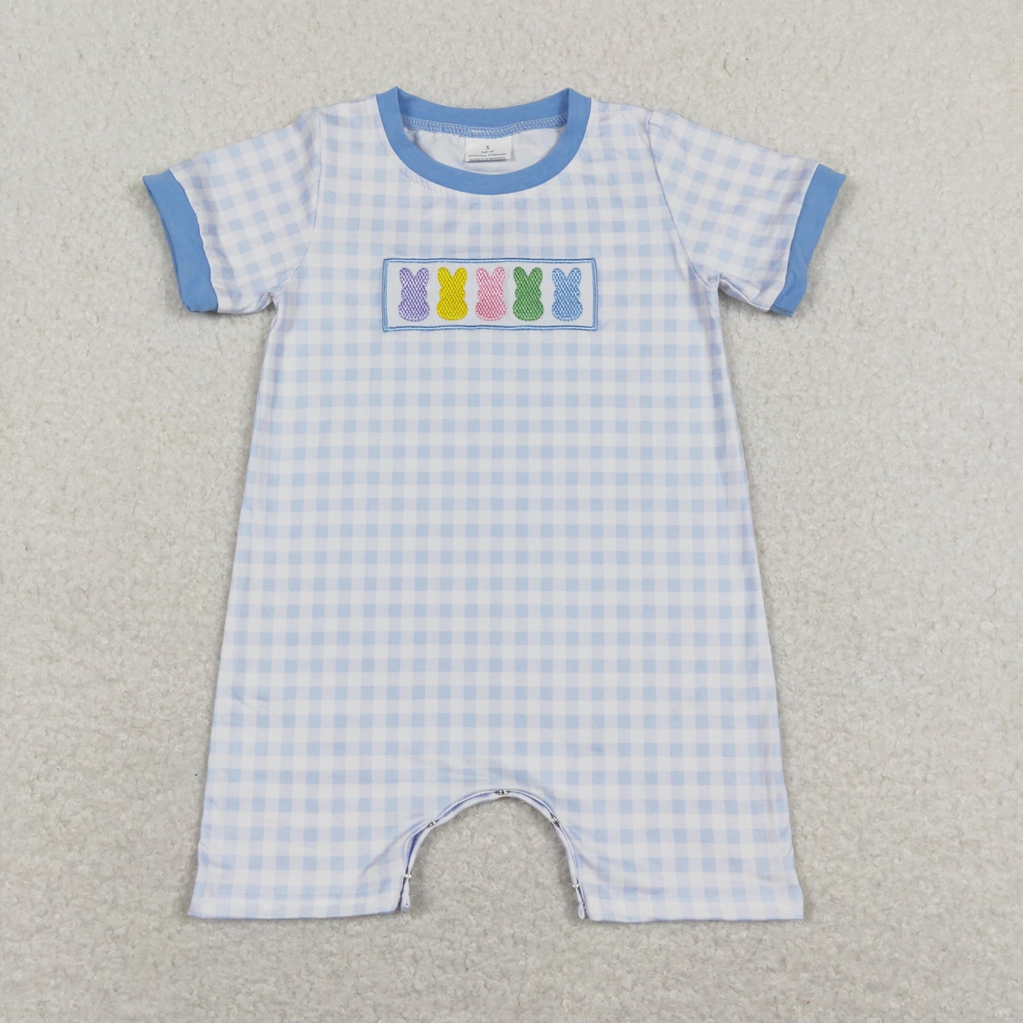 Sibling Baby Kids Plaid Embroidery Bunny Easter Rompers