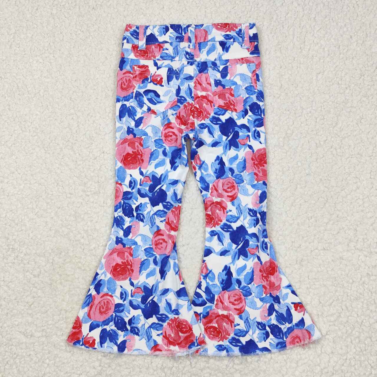 Kids Girls Pink Blue Flower Bell Bottom Denim Pants