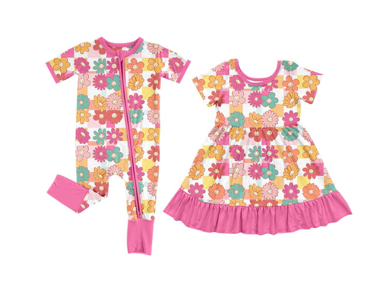 Sibling Baby Girls Daisy Flower Checked Dress and Romper Preorder