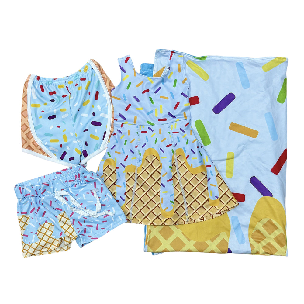 Sibling Baseball Ice Cream Drip Dress shorts and Blanket