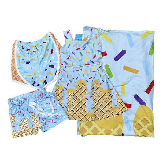 Sibling Baseball Ice Cream Drip Dress shorts and Blanket