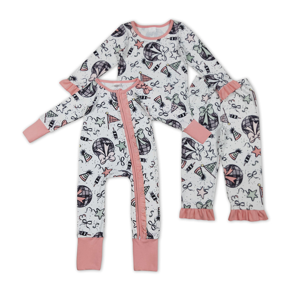 Sibling  Girls Happy New Year Long Sleeve Pajama Set /Zipper Footed Romper