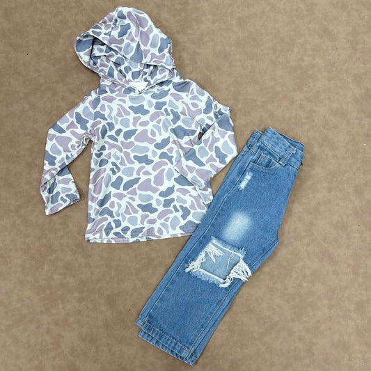Baby Boys Old School camo Hoodie Top With Denim Pants Outfit