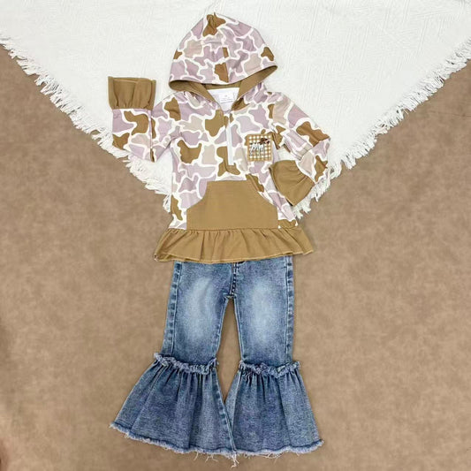 Baby Girls  Camo Applique Hunting Dog Hoodie Top With Bell Bottom Denim Pants Set