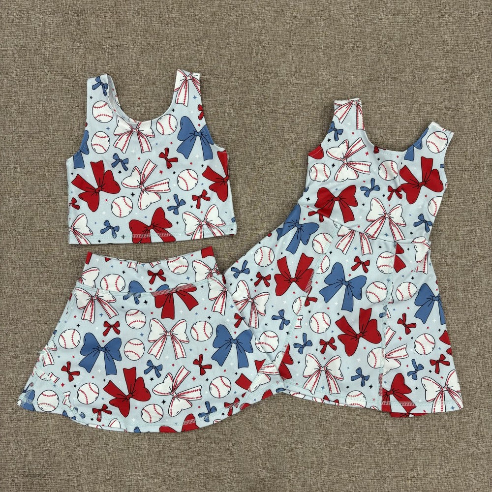 Kids Girls Sibling Active Wear July 4th Bow Baseball Yoga Set Dress