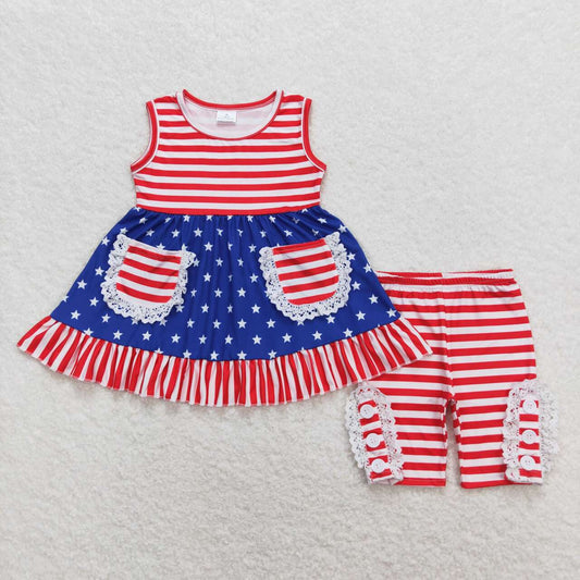 Kids Girls Outfit July 4th Stars Tunic Top Matching Shorts Set