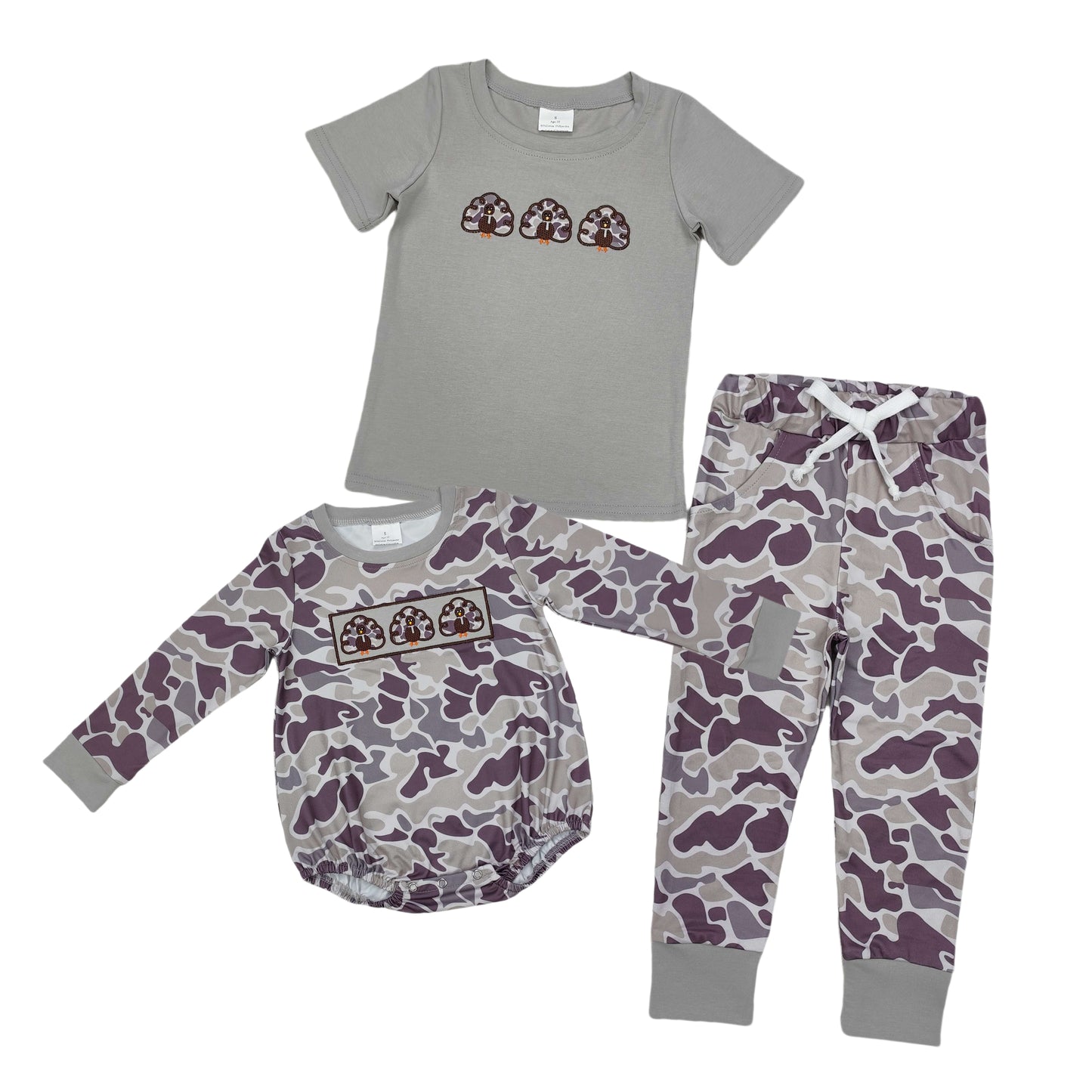 Sibling Baby Boys Thanksgiving Turkey Camo Pants Set /Romper