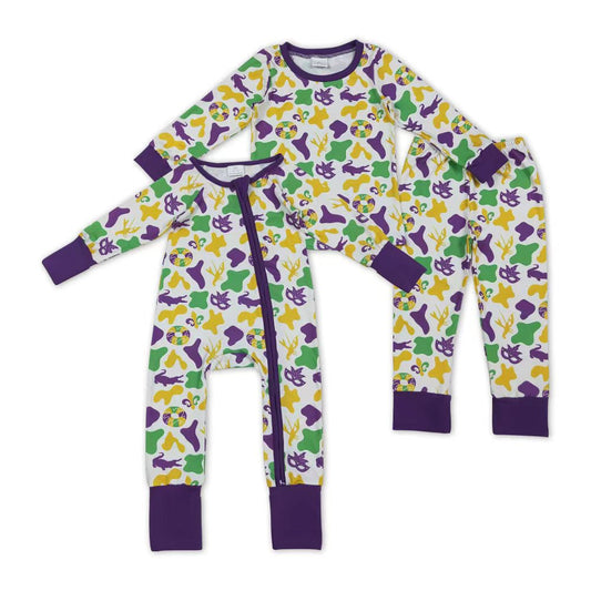 Baby Boys Mardi Gras Camo Long Sleeve Pajama Set/Zipper Romper