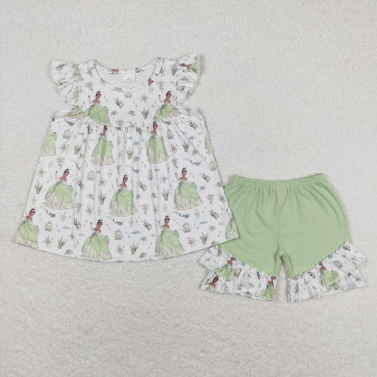 Baby Girls Princess Tunic Pearl Top Green Ruffle Shorts Set